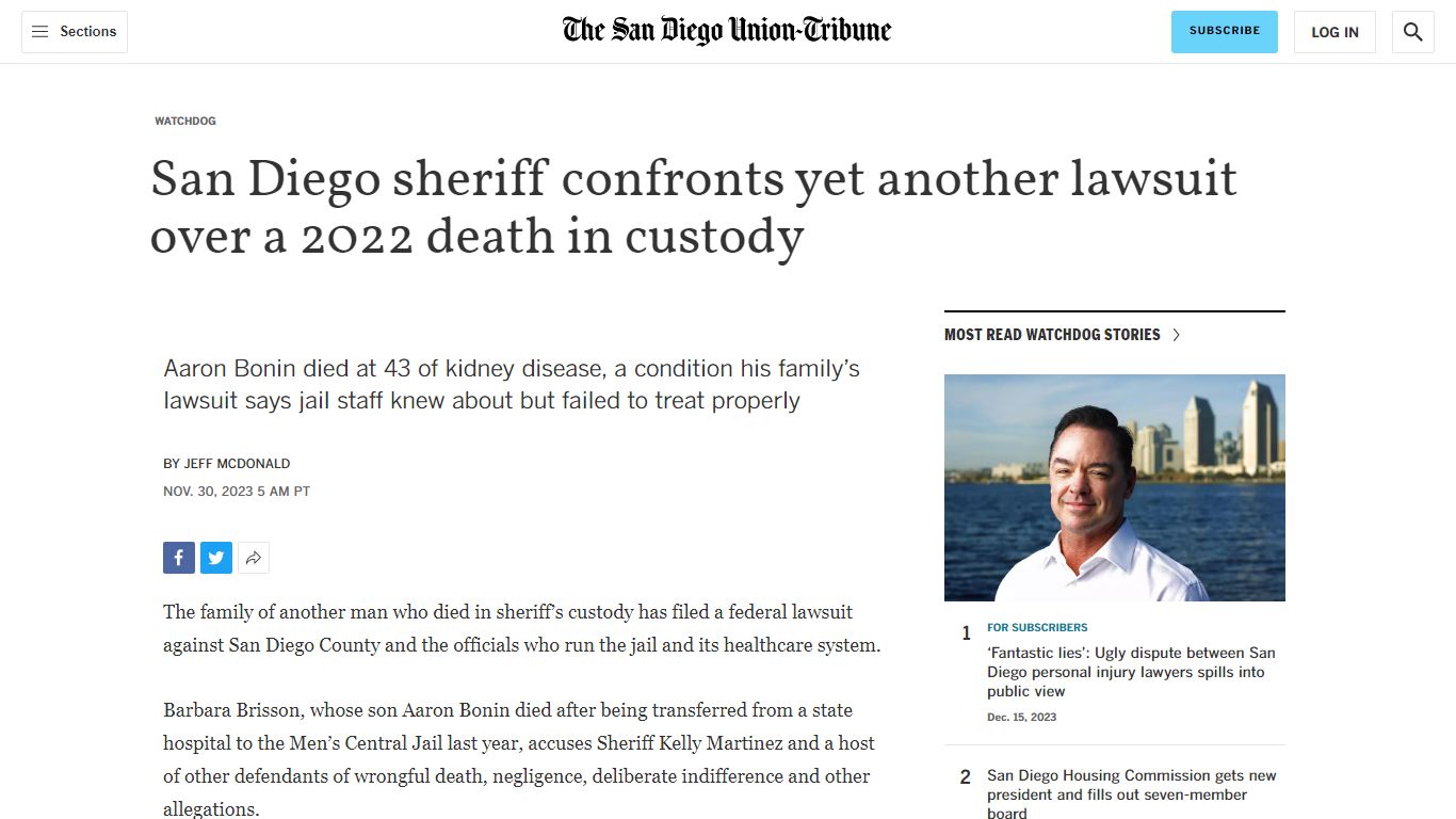 San Diego sheriff confronts yet another lawsuit over a 2022 death in ...